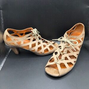 Gentle Souls Okey Dokey Tan Leather Lace Up Cutout Peep Toe Heels Womens 10M